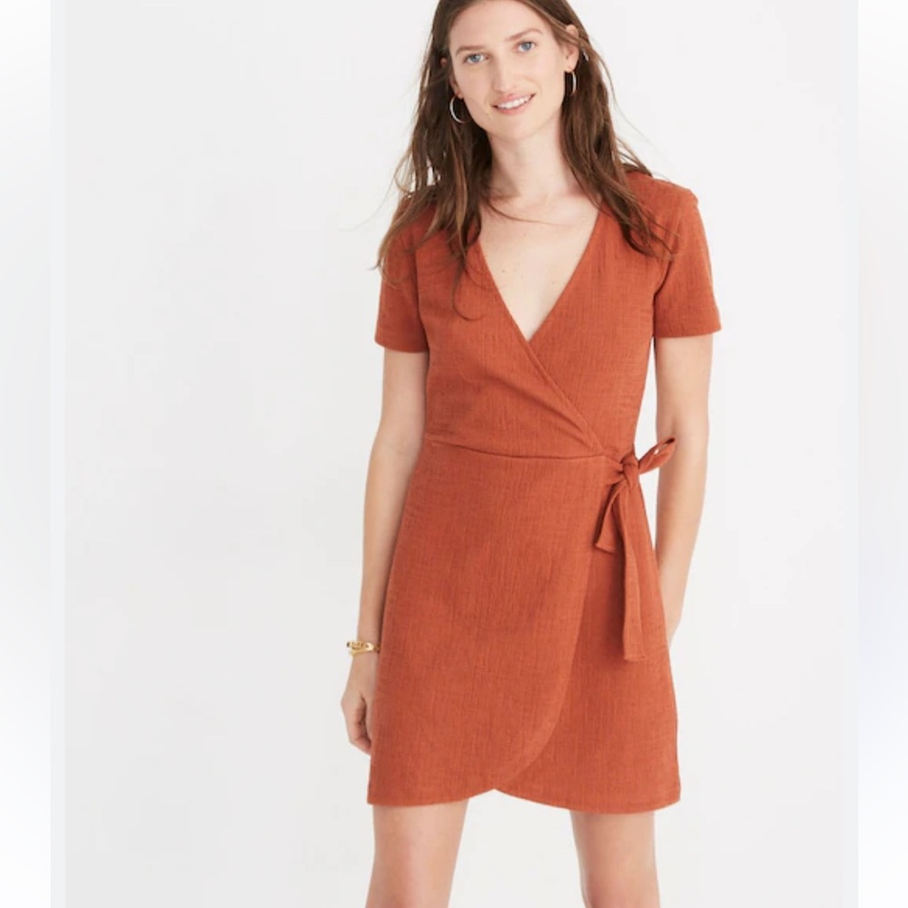 Madewell Texture and Thread Faux Wrap Mini Dress Rust Orange XL